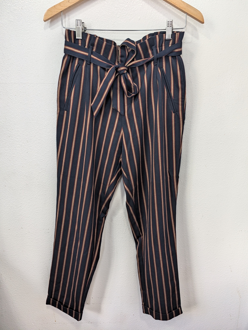 Zara Trafaluc Navy Blue Striped Paper Bag Waist Pants Belted Tapered Size S